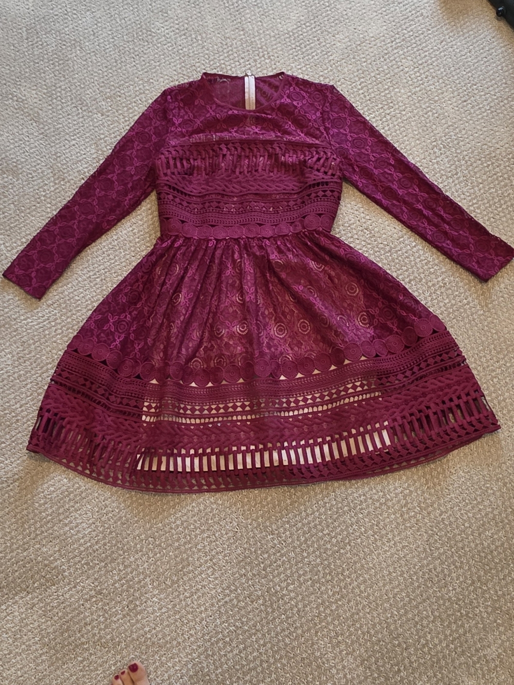 ASOS Burgundy Lace Long Sleeve Mini Dress